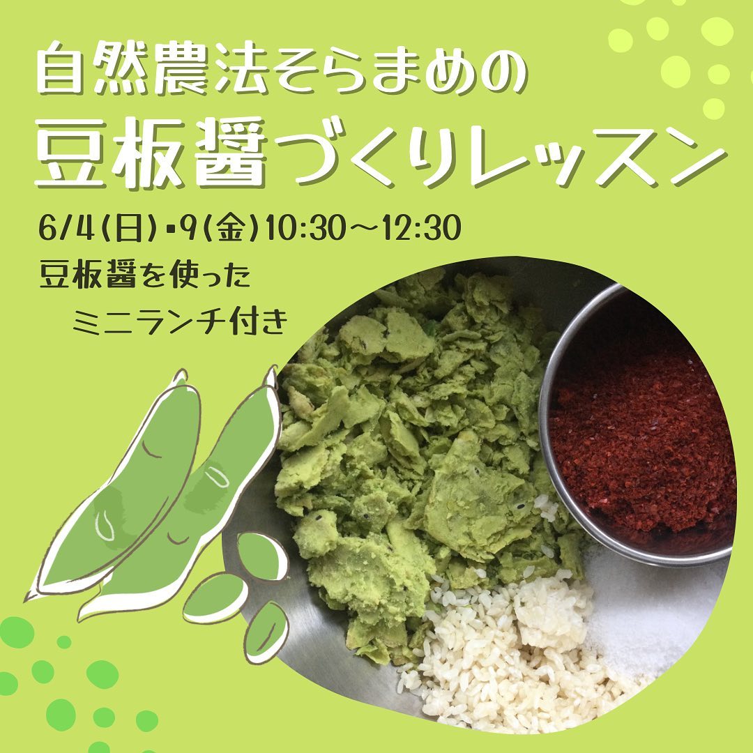\ 豆板醤作りレッスン /
今年はたくさん採れたので
自家菜園の自然農法そらまめの
豆板醤づくりレッスンを行います

作り方はいつものお味噌レッスンと同じく
ビニール袋など使い捨ての道具は使わない
ゼロウェイスト＆脱プラで

100年以上続く麹屋さんで作られた
自然農法米の米糀使用
豆板醤を使ったミニランチ付き　¥3,500

簡単＆すぐ出来るので
レッスン時間は2時間です

ピリ辛料理を作る時にちょっとあると
めちゃくちゃ便利な豆板醤
自然農法のそらまめで
一緒に作りましょう！

====================
実りの木　パン＆発酵料理の
詳しいご案内やご予約は
@minori_no_ki のリンクをご覧下さい。
===================

#そら豆
#豆板醤作り
#自家製豆板醤 
#脱プラ
#脱プラ味噌作り
#ゼロウェイスト
#ゼロウェイスト味噌作り
#発酵料理
#発酵調味料
#自然農法
#自家採種
#家庭菜園
#自産自消
#和泉市
#和泉中央 
#発酵料理教室
#和泉市発酵料理教室
#実りの木 
#しばたゆみこ
#minorinoki